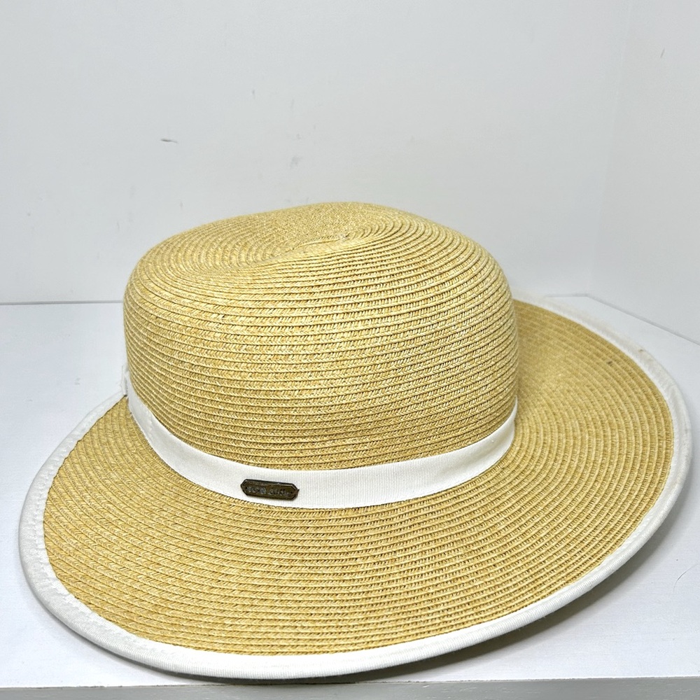 Ron Jon Surf Shop Women's Tan Sun Hat Wide Brim White Ribbon Detail Adjustable